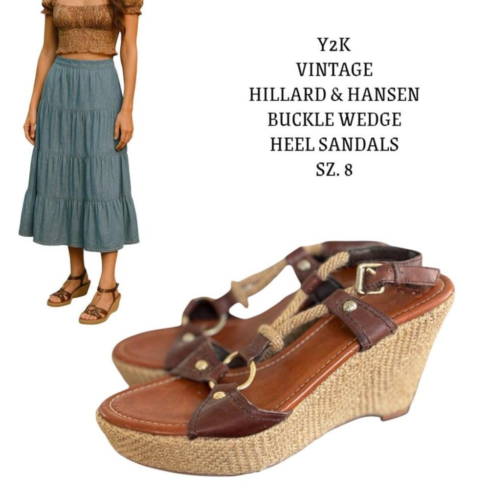 Y2K VTG. BROWN BUCKLE‎ ROPE WEDGE SANDALS HILLARD & HANSEN SZ. 8